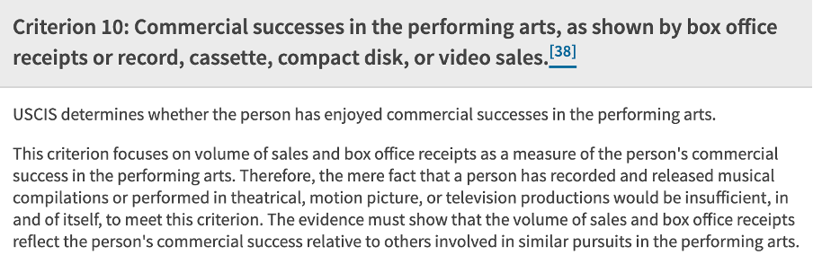 USCIS Criterion 10 — Commercial Success